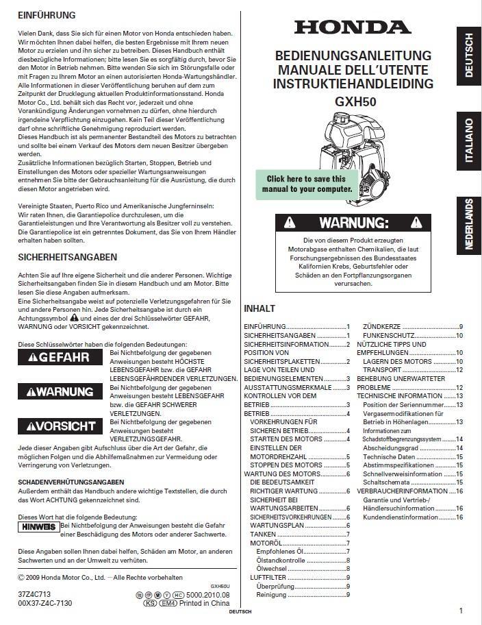 GXH50 HONDA ENGINE OWNER'S MANUAL (other languages)